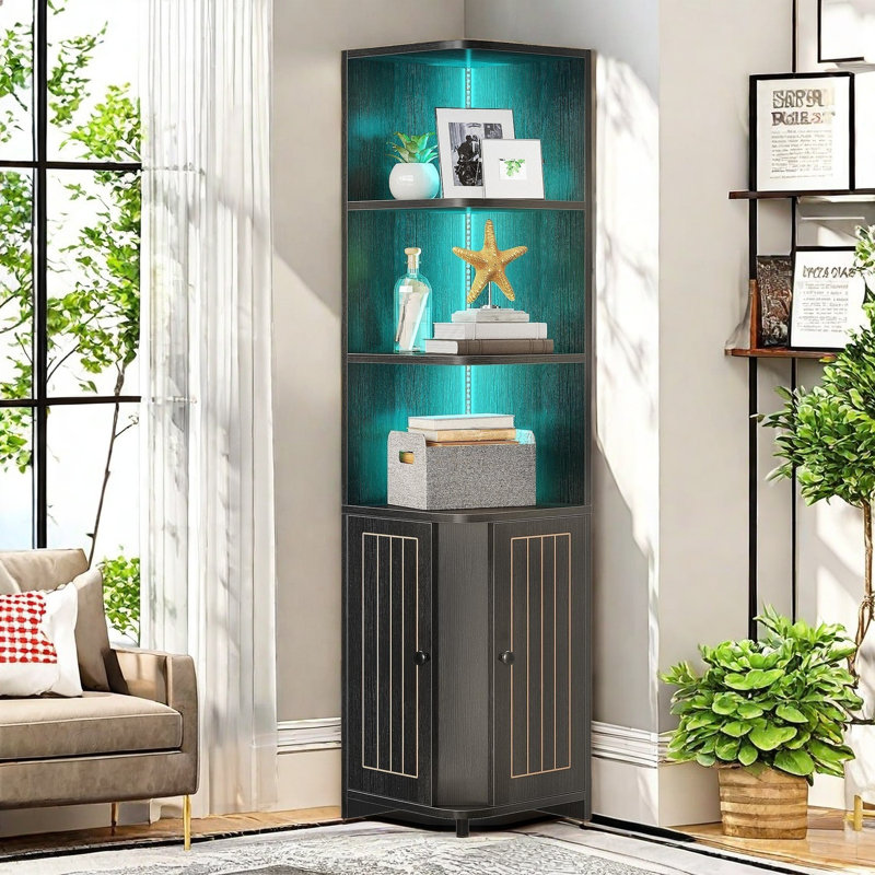 Bloem 71 Corner Cabinet with LED Lights Corner Bookshelf and Bookcase with Storage